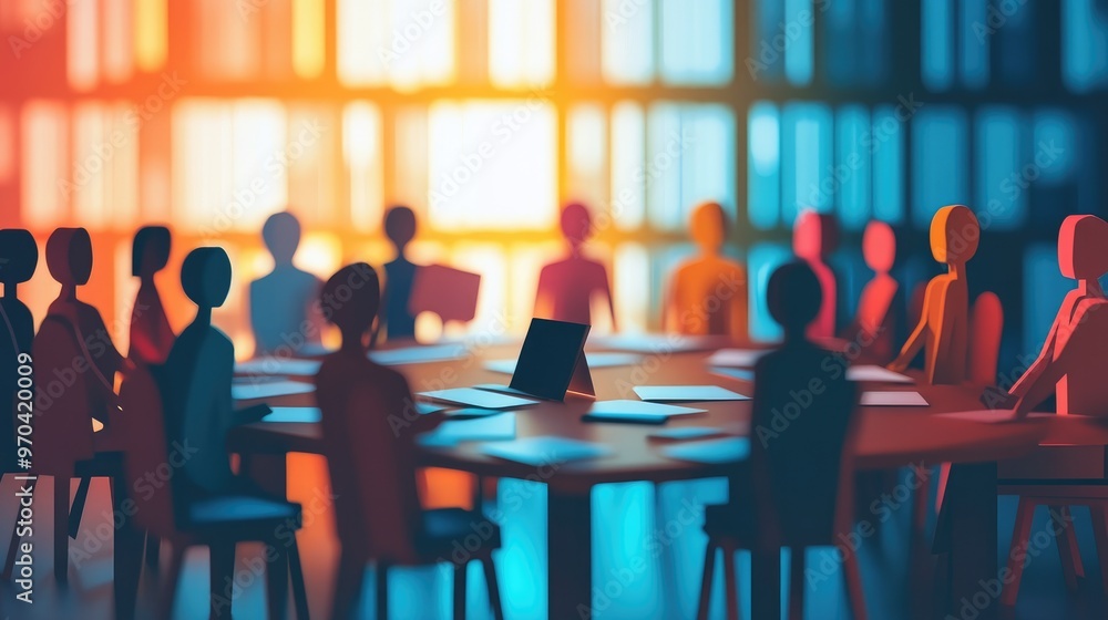 Paper people figures in a collaborative business meeting setting, symbolizing online library education, isolated flat vector, no logo. Paper people figures in a collaborative business meeting setting, symbolizing online library education, isolated flat vector, no logo.