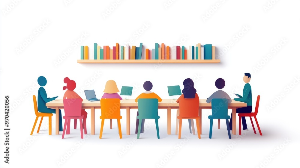Paper people in a business meeting setting, representing the concept of online education and library access, no logos, isolated flat vector, white background. Paper people in a business meeting setting, representing the concept of online education and library access, no logos, isolated flat vector, white background.