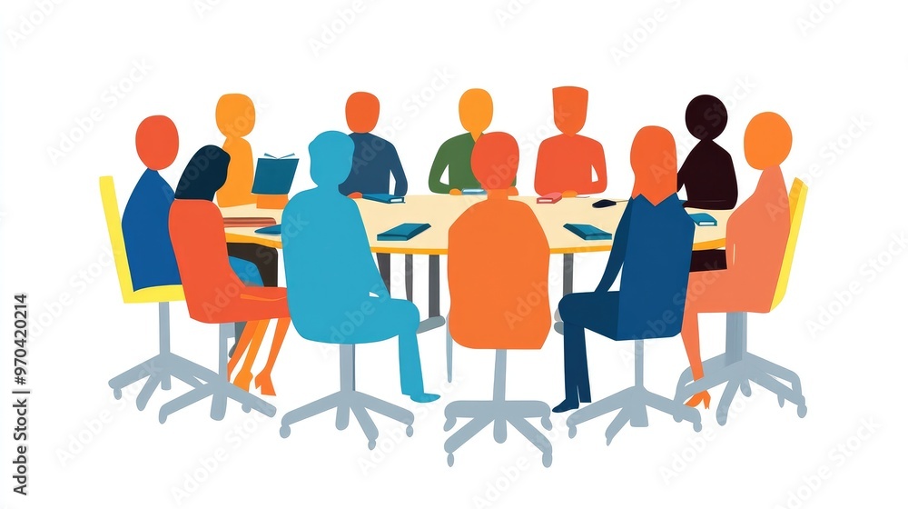 Paper people in a business meeting, symbolizing online library access and education, flat vector, isolated on white, no people. Paper people in a business meeting, symbolizing online library access and education, flat vector, isolated on white, no people.