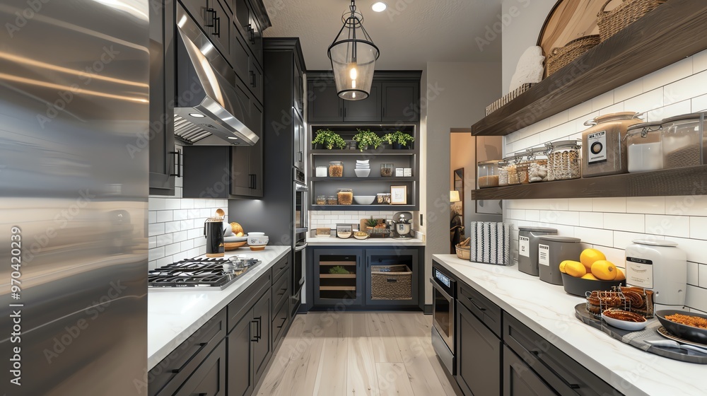 Kitchen with smart coffee maker, organized pantry, and bright lighting Kitchen with smart coffee maker, organized pantry, and bright lighting