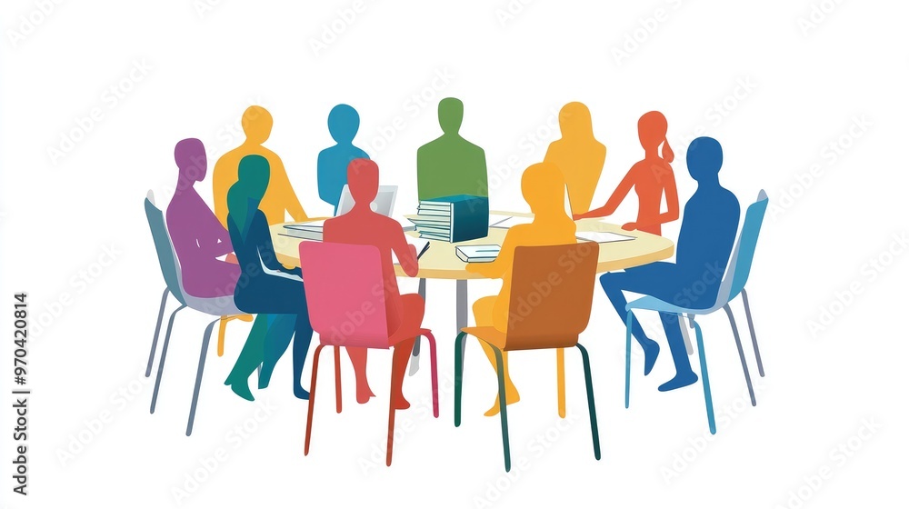 Vector art of paper people figures around a table, representing online library and education themes, no logos, white background. Vector art of paper people figures around a table, representing online library and education themes, no logos, white background.