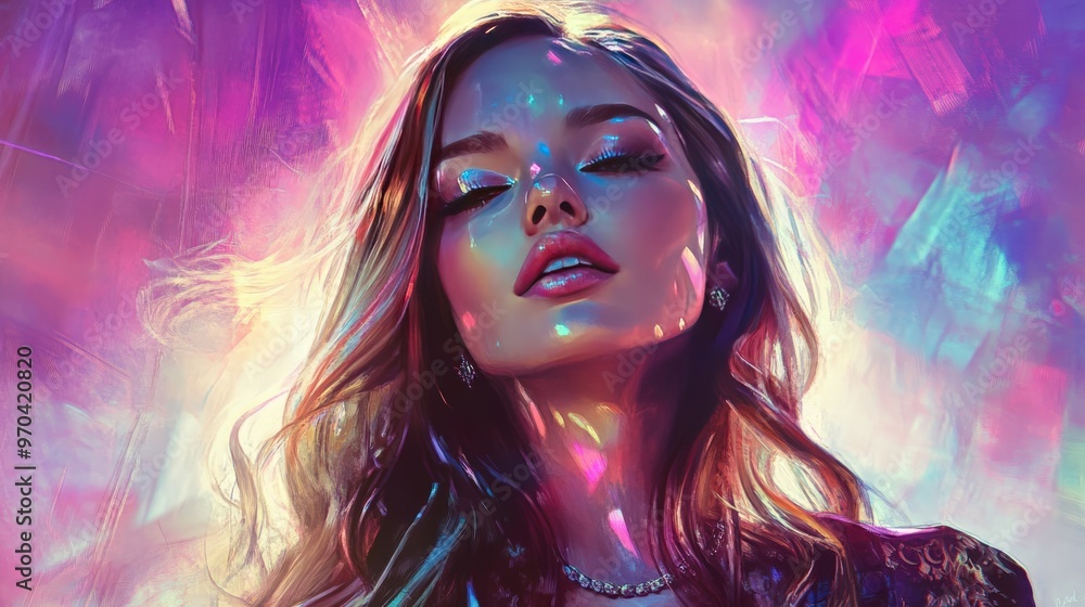 A digital portrait of a beautiful woman with her eyes closed. The woman has long blonde hair and is wearing a pearl necklace. The background is a colorful abstract pattern. A digital portrait of a beautiful woman with her eyes closed. The woman has long blonde hair and is wearing a pearl necklace. The background is a colorful abstract pattern.