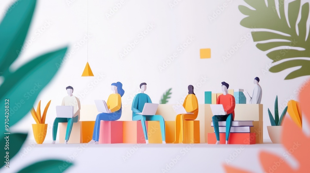 Vector art of paper people figures discussing in a business setting, concept of online education and digital libraries, no logo, white background. Vector art of paper people figures discussing in a business setting, concept of online education and digital libraries, no logo, white background.