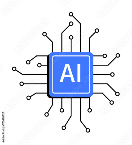 Central blue chip marked AI with black surrounding circuits, symbolizing technology and AI connectivity. Ideal for tech innovation, machine learning, artificial intelligence, computational power, da