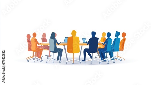 Vector art of paper people in a business meeting, emphasizing online library access and education, no logos or people, white background.