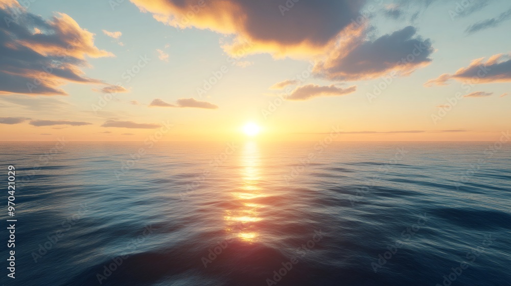 A serene sunset over the ocean with golden clouds reflected in the rippling water. A serene sunset over the ocean with golden clouds reflected in the rippling water.