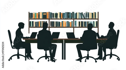 Vector illustration of paper people in a business meeting, representing online library education, no people, flat style, white background.