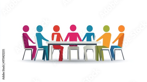 Vector illustration of paper people in a business meeting, representing online library education, no people, flat style, white background.