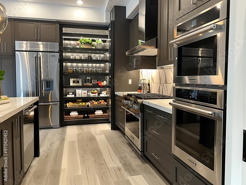 Kitchen with smart trash can, organized pantry, and sleek appliances