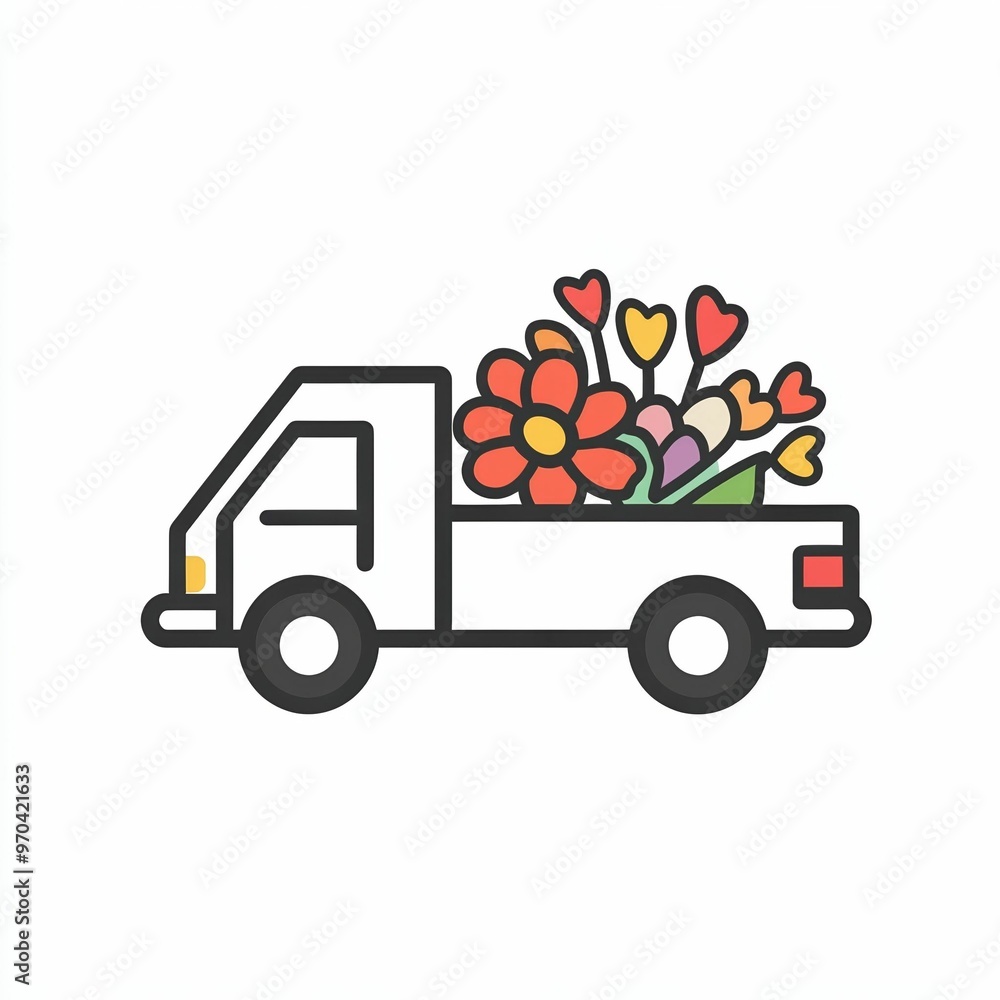 Fototapeta premium A cheerful delivery truck carries a bright assortment of flowers, bringing joy and beauty to a celebration in a sunny, lively season