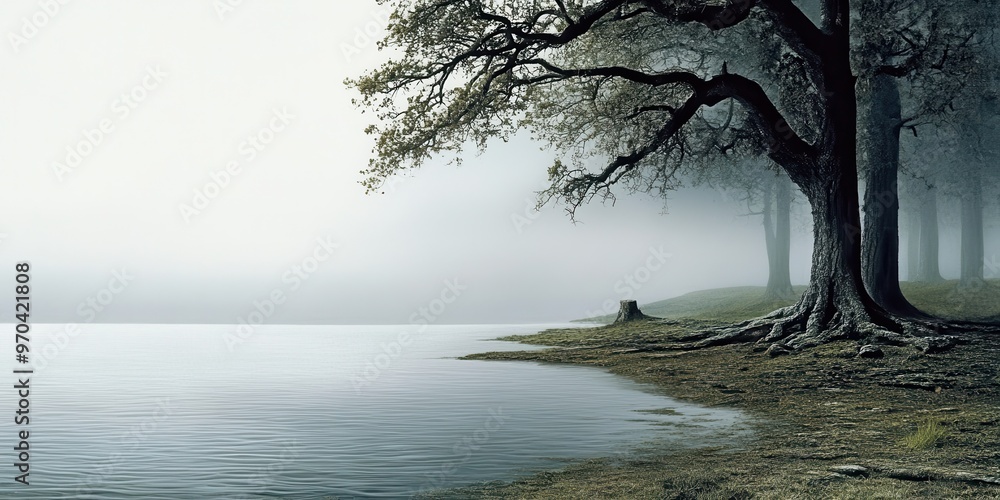 A serene foggy landscape featuring a calm lake, ancient trees, and a tranquil shore, perfect for nature lovers and calm settings. A serene foggy landscape featuring a calm lake, ancient trees, and a tranquil shore, perfect for nature lovers and calm settings.