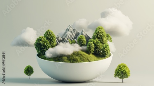 Surreal landscape with miniature trees, mountains, and clouds inside a bowl, blending nature and imagination in a creative scene.