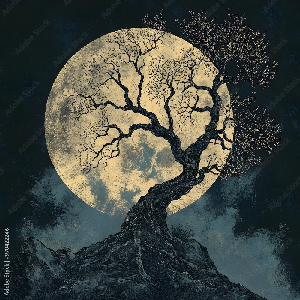 Fototapeta premium Haunting Skeletal Tree Silhouette Against Luminous Moonlit Sky in Vintage Botanical