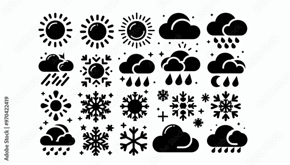 A set of weather silhouette icons including sun, clouds, rain, and snowflakes, black on a white background A set of weather silhouette icons including sun, clouds, rain, and snowflakes, black on a white background