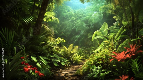 A stone path leads through a lush, green jungle with sunlight filtering through the canopy.