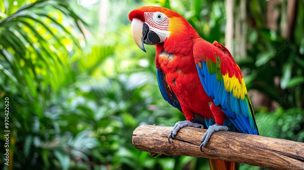 Vibrant scarlet macaw perched on a branch against a lush green jungle background. Colorful parrot with striking red, blue, and yellow feathers. Vibrant scarlet macaw perched on a branch against a lush green jungle background. Colorful parrot with striking red, blue, and yellow feathers.