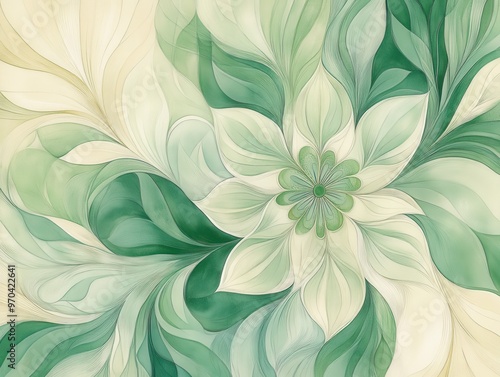 An elegant floral abstract design featuring soft green and white hues, perfect for backgrounds or decorative purposes.