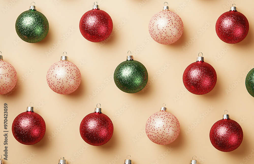 Christmas ornaments arranged in a pattern on a beige background Christmas ornaments arranged in a pattern on a beige background