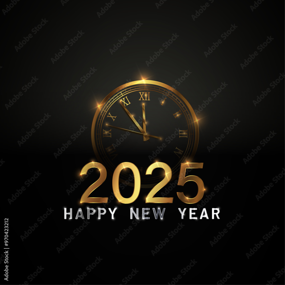 Happy new 2025 year Elegant gold text with fireworks, clock and light. Minimalistic text template. Happy new 2025 year Elegant gold text with fireworks, clock and light. Minimalistic text template.
