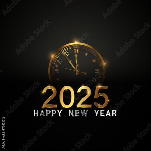 Happy new 2025 year Elegant gold text with fireworks, clock and light. Minimalistic text template.
