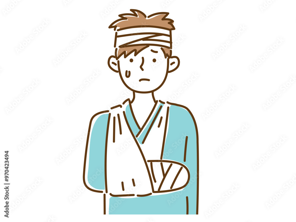 腕のギブスを三角巾で吊って、頭に包帯を巻いている若い男性 腕のギブスを三角巾で吊って、頭に包帯を巻いている若い男性