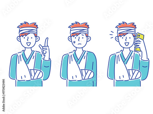 骨折した腕を三角巾で吊って、若い男性のセットイラスト