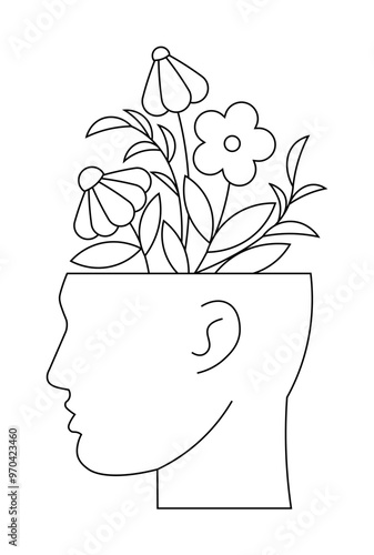 Silhouette of a head with blooming flowers and leaves inside. Ideal for themes of mindfulness, mental health, creativity, growth and nature. Simple line art style.