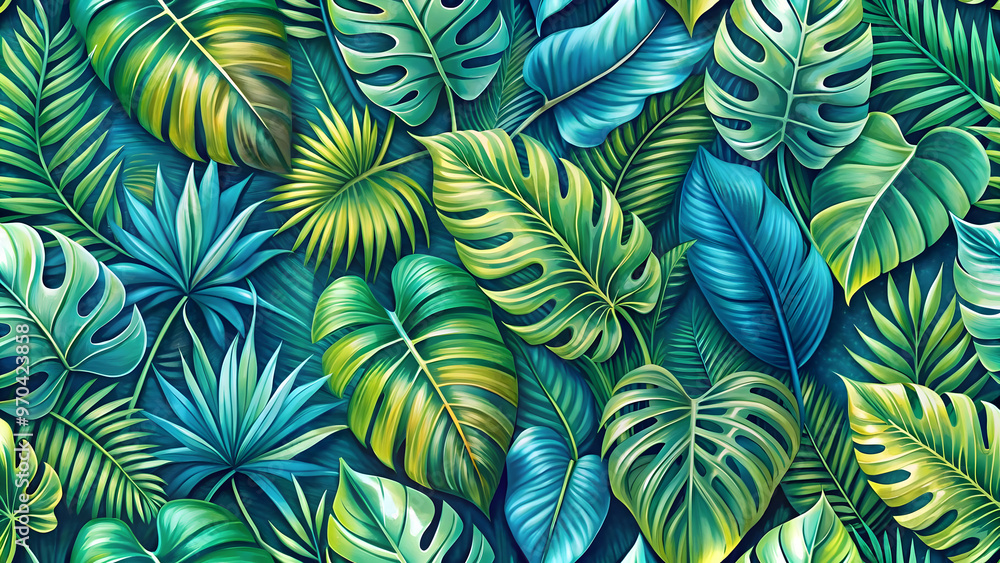 A repeating tropical leaves pattern with vibrant greens and blues, perfect for backgrounds A repeating tropical leaves pattern with vibrant greens and blues, perfect for backgrounds