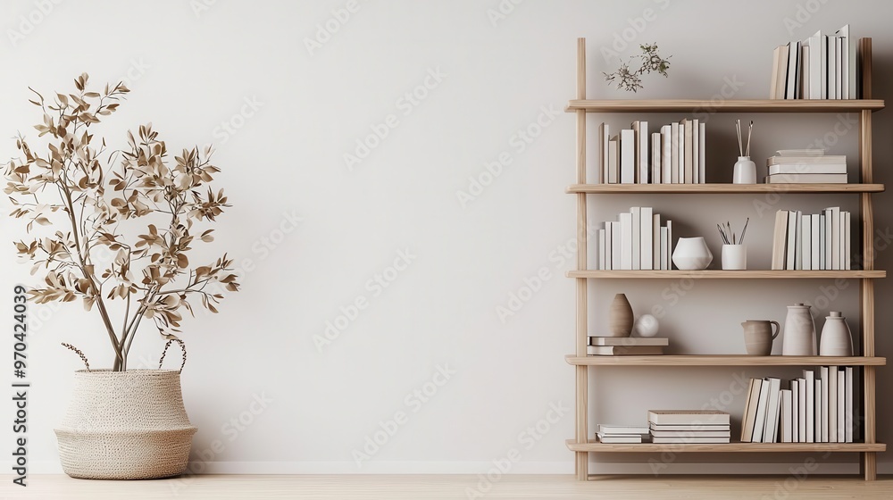 A solid wood bookshelf in a minimalist home office, filled with neutral decor and plants, 3D rendering, Simple and organized A solid wood bookshelf in a minimalist home office, filled with neutral decor and plants, 3D rendering, Simple and organized