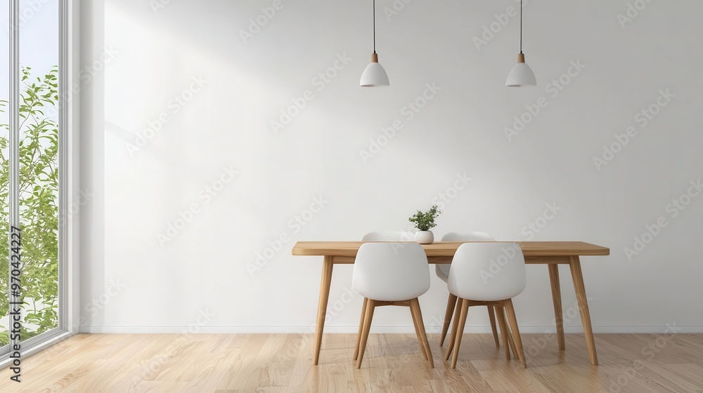 A minimalist dining area with a solid wood table, simple white chairs, and large windows bringing in natural light, Digital Art, Bright and modern A minimalist dining area with a solid wood table, simple white chairs, and large windows bringing in natural light, Digital Art, Bright and modern