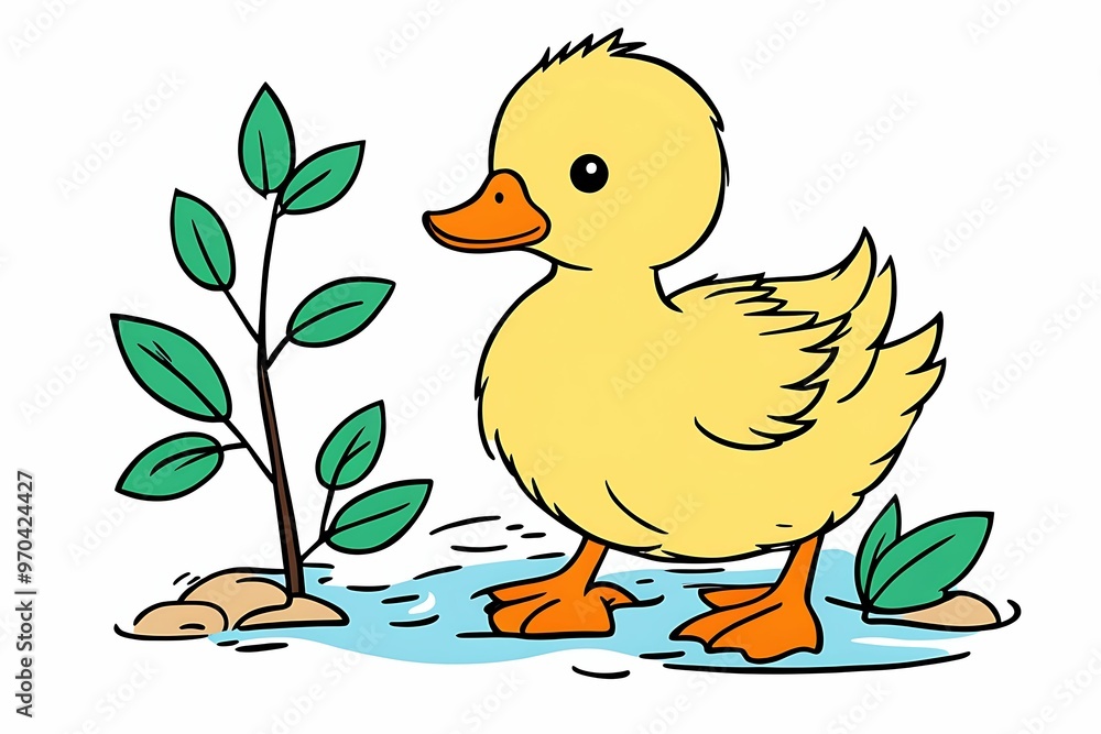 Fototapeta premium A Yellow Duckling Standing in a Pond with Green Leaves