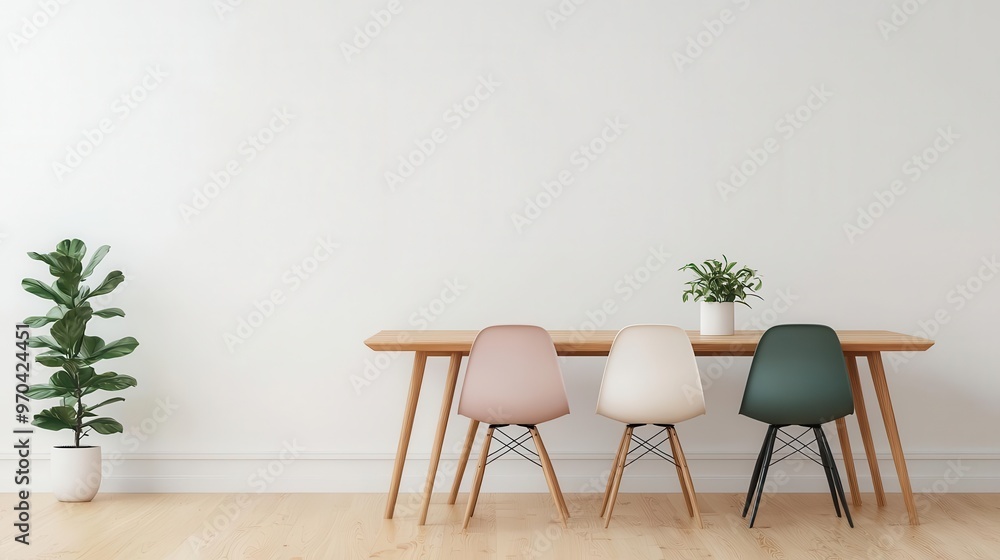 Fototapeta premium A dining room with a solid wood table and mismatched minimalist chairs, surrounded by natural light, Digital Art, Cozy and inviting