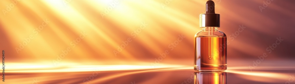 Glass bottle with golden liquid against sunlit background. Glass bottle with golden liquid against sunlit background.