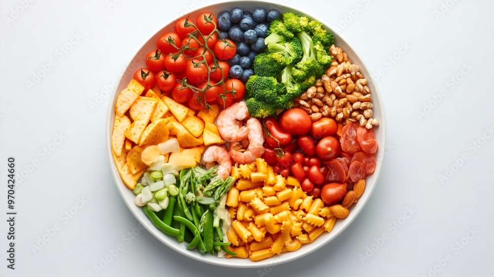 A white bowl filled with colorful and healthy snacks, including sweet potato, shrimp, broccoli, blueberries, tomatoes, cheese crackers, almonds, and salami. A white bowl filled with colorful and healthy snacks, including sweet potato, shrimp, broccoli, blueberries, tomatoes, cheese crackers, almonds, and salami.