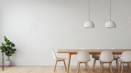 A dining room with a solid wood table and mismatched minimalist chairs, surrounded by natural light, Digital Art, Cozy and inviting