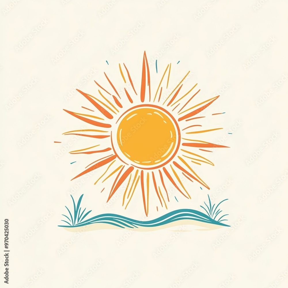 A vibrant sun with expressive rays radiates warmth above stylized waves and greenery, creating a lively, cheerful atmosphere perfect for summer A vibrant sun with expressive rays radiates warmth above stylized waves and greenery, creating a lively, cheerful atmosphere perfect for summer