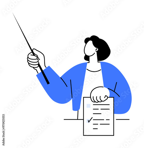 Person pointing with stick, holding checklist document. Ideal for education, training, presentation, instruction, office. Minimalist modern style.
