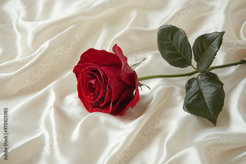 Red rose lying on a white silk fabric photo