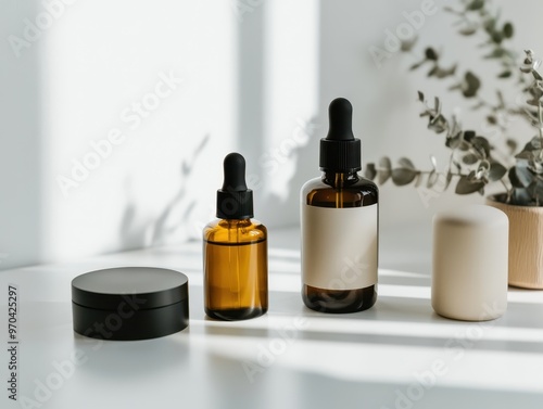 Minimalist beauty products with dropper bottles and a jar on a white surface with soft light and shadow.