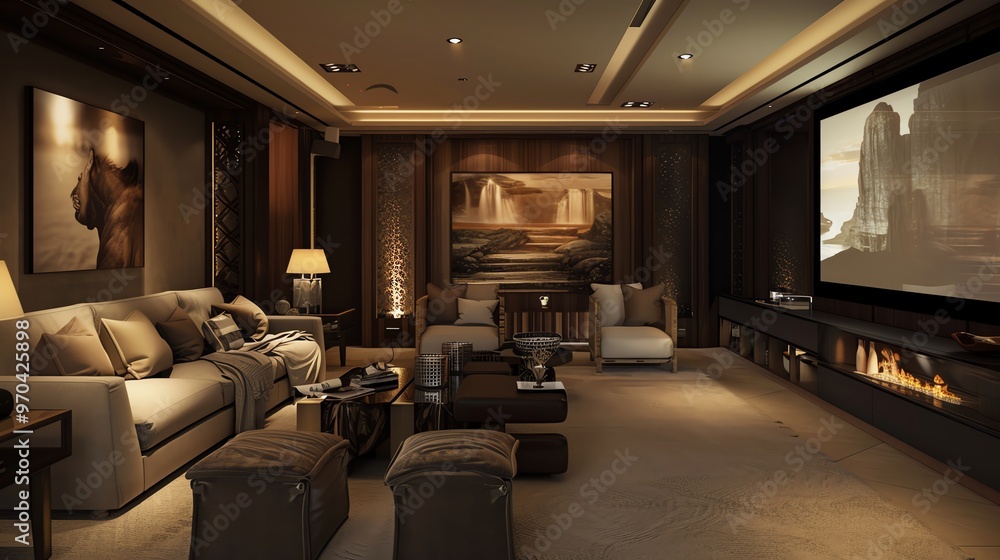 Fototapeta premium Living room with smart home theater, comfortable seating, and stylish design