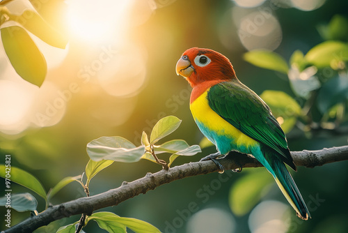 Colorful bird perched on a tree branch with sunlight filtering through leaves photo