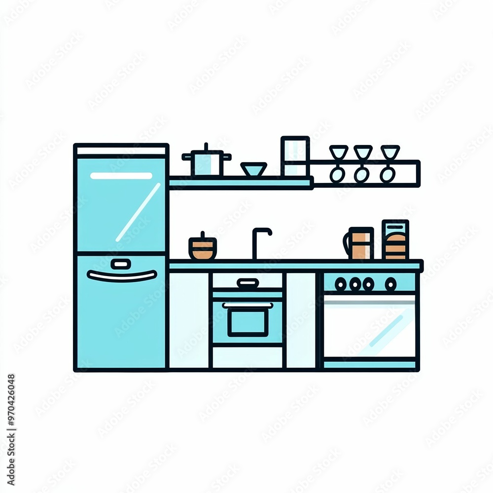 A cozy kitchen features a sleek refrigerator, stylish stove, and organized shelves filled with utensils, showcasing an inviting cooking space A cozy kitchen features a sleek refrigerator, stylish stove, and organized shelves filled with utensils, showcasing an inviting cooking space