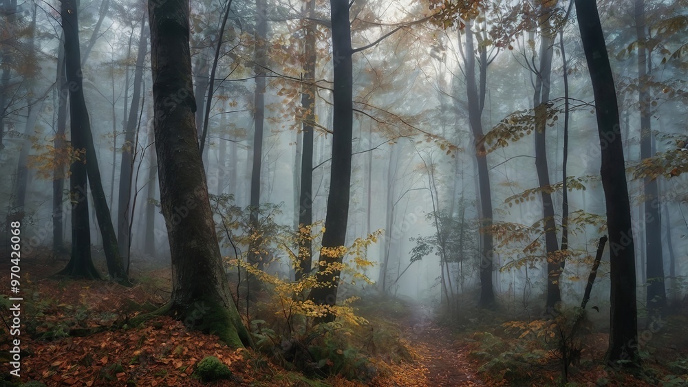 Obraz premium Misty forest with yellow leaves of autumn