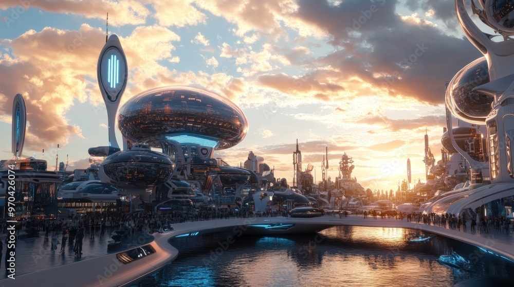 A futuristic city skyline with towering buildings and a vibrant crowd of people enjoying the sunset. A futuristic city skyline with towering buildings and a vibrant crowd of people enjoying the sunset.