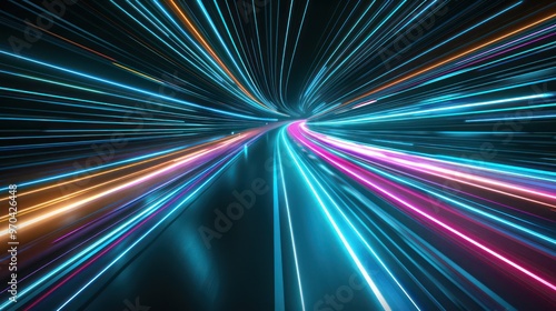 A dynamic, abstract representation of light streaks creating a sense of speed and movement in a digital landscape.