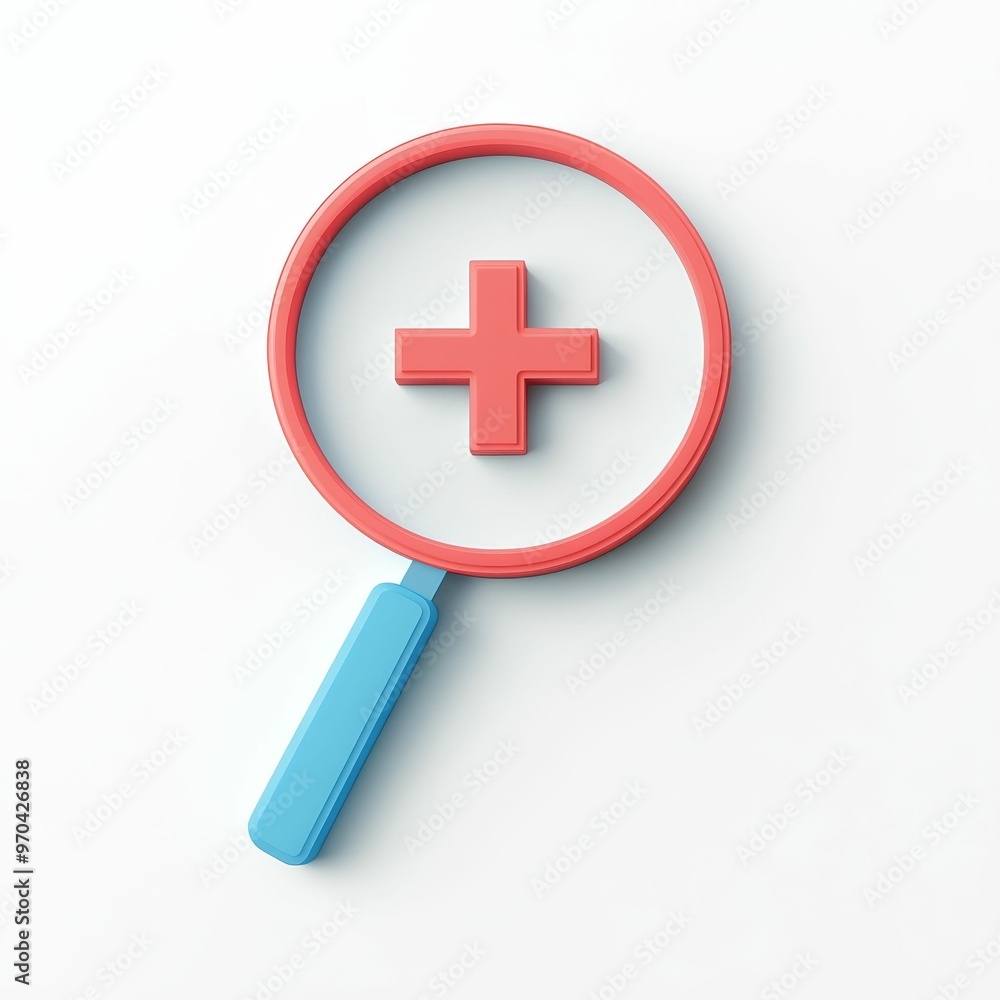 A colorful magnifying glass with a red circular frame and a blue handle features a prominent plus sign at its center, symbolizing search and addition A colorful magnifying glass with a red circular frame and a blue handle features a prominent plus sign at its center, symbolizing search and addition