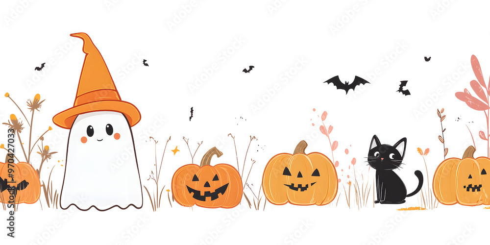 cute ghost wearing an orange pumpkin hat stands in the left corner of the image with a few pumpkins in the middle, and a small black cat in the right corn cute ghost wearing an orange pumpkin hat stands in the left corner of the image with a few pumpkins in the middle, and a small black cat in the right corn