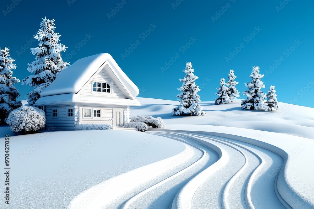 Fototapeta premium Enchanting winter wonderland with snow-covered trees and a cozy cabin, black and white, line art, snowy, serene, holiday, frosty ::1.2 sledding, ice skates, snowflakes, hot cocoa, twinkling