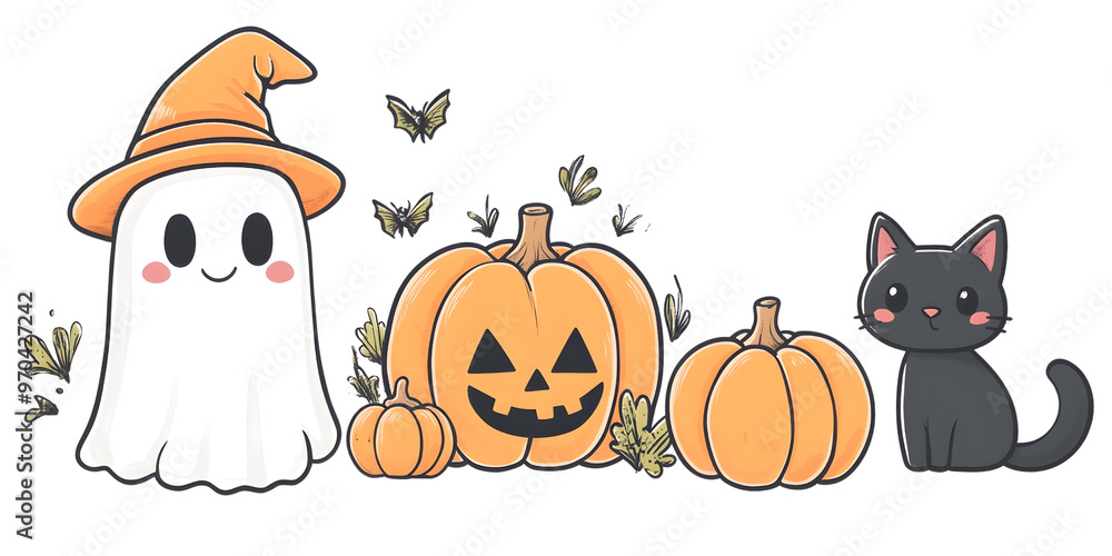 Naklejka premium cute ghost wearing an orange pumpkin hat stands in the left corner of the image with a few pumpkins in the middle, and a small black cat in the right corn