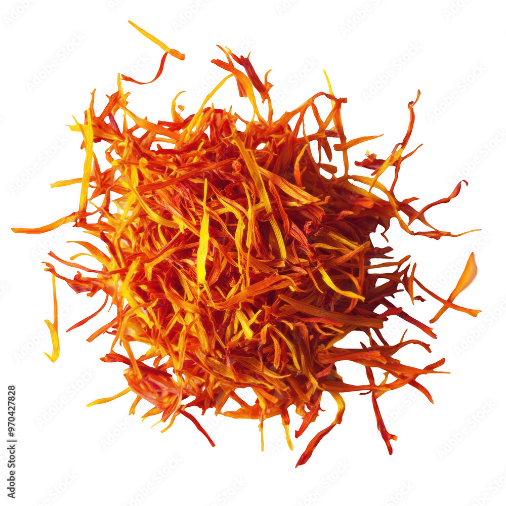 Naklejka premium A pile of vibrant saffron threads used as a spice and coloring agent in cooking.